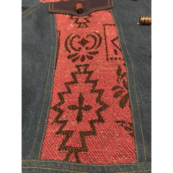 Indigo Moon Denim Chambray Medium Coat Pink Aztec Accent Purple Trim Embellish - Picture 5 of 13